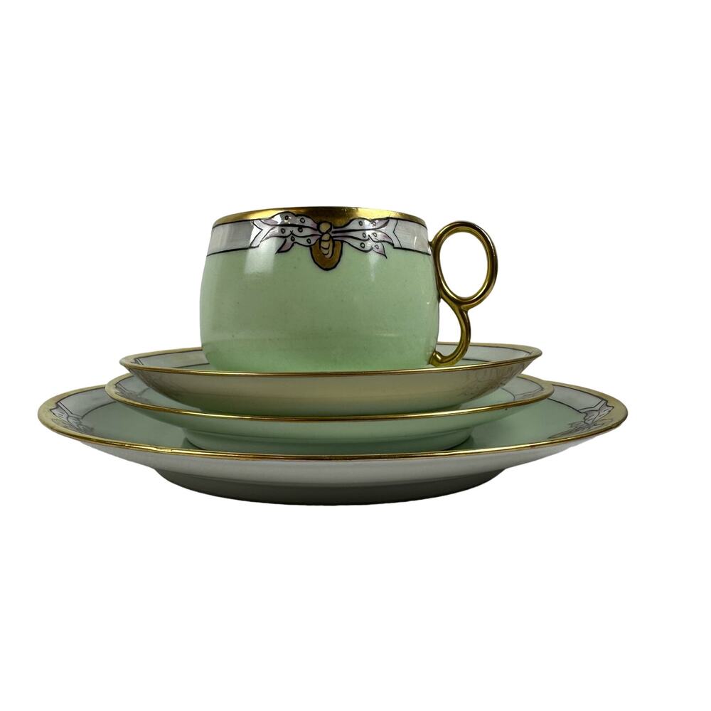 Art Nouveau Thomas Bavaria 4 Piece Luncheon Set Light Apple Green & Butterfly